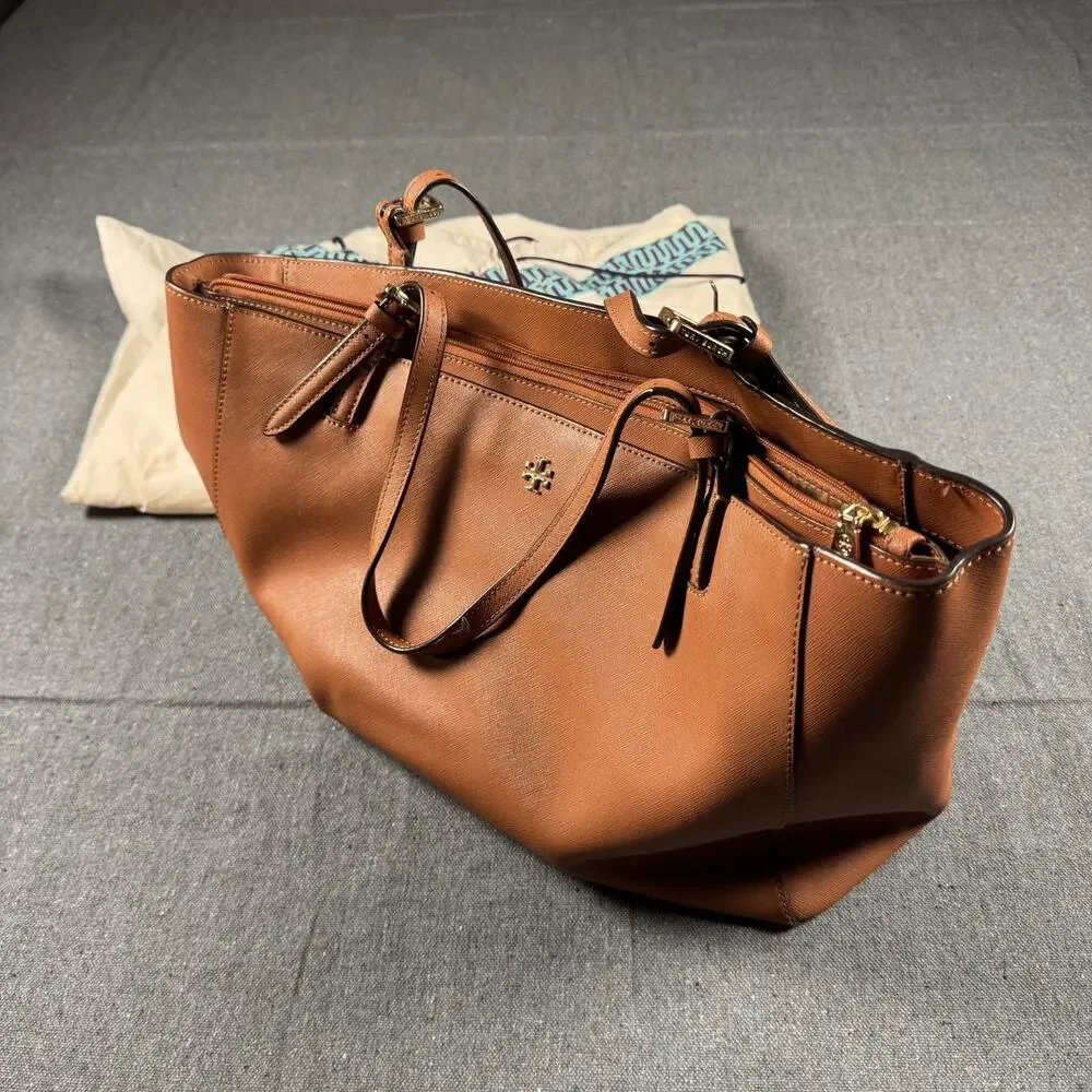 Tory Burch Large York Gold Buckle Saffiano Tan Cognac Leather Tote Bag READ